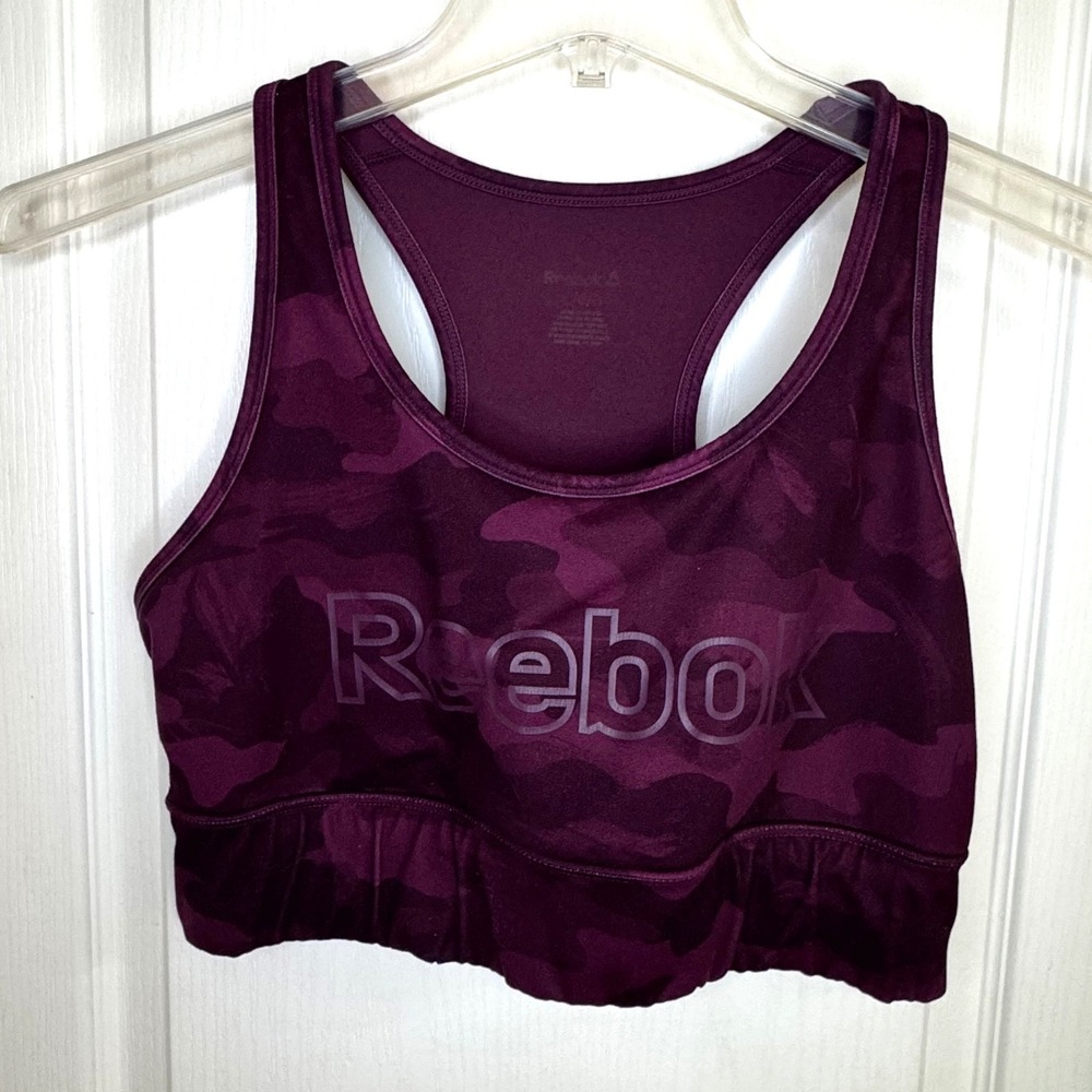 Reebok Sports Bra Womens Large Purple Camo Racerback Logo Gym Activewear